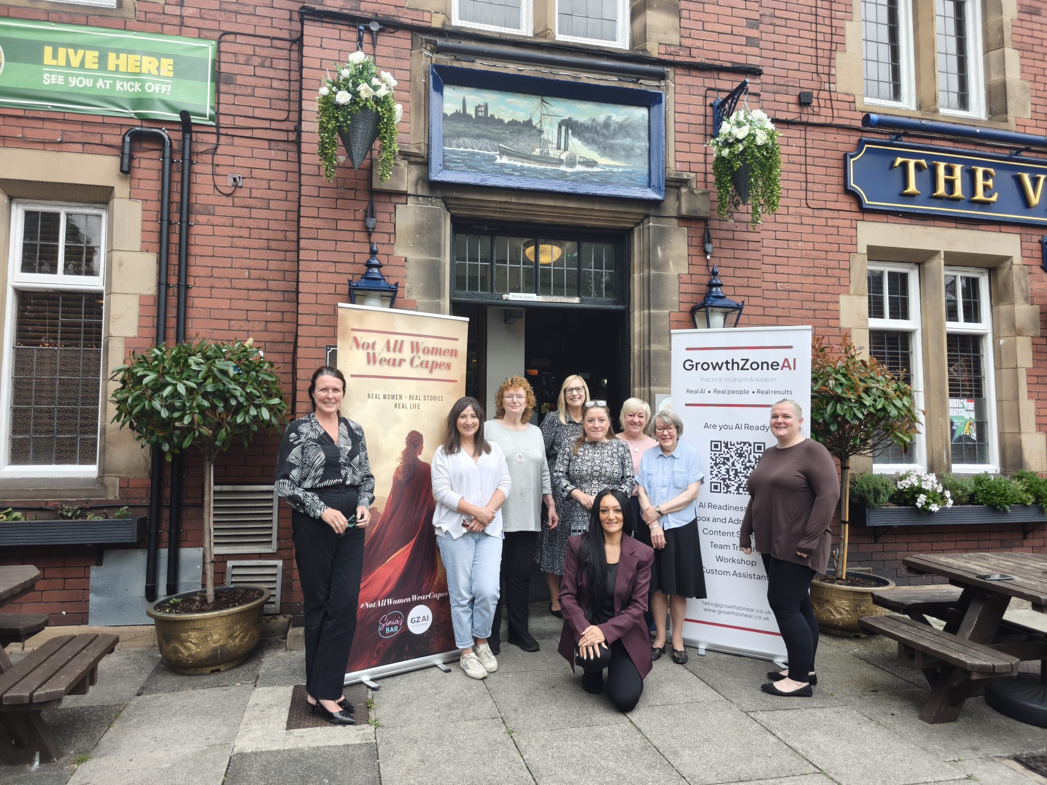 Kaye Nicholson and attendees at the #NotAllWomenWearCapes Bring Your Brilliance networking morning outside The Vigilant Inn in South Shields